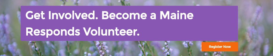 Background of purple flowers in a field with the text "Get Involved. Become a Maine Responds Volunteer." in the foreground.
